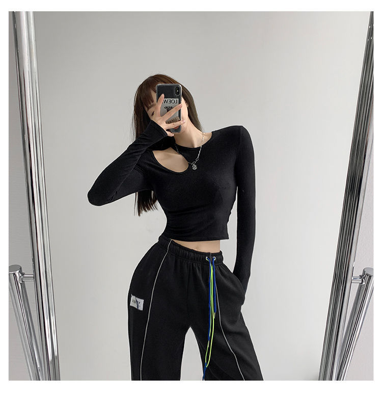 Hollow T-shirt Women Fashion Slim Y2K Cropped Tops Off Shoulder Long Sleeve Tees Woman