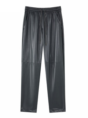 Drawstring PU Leather Trousers Women Elastic Waist Straight Faux Leather Pants