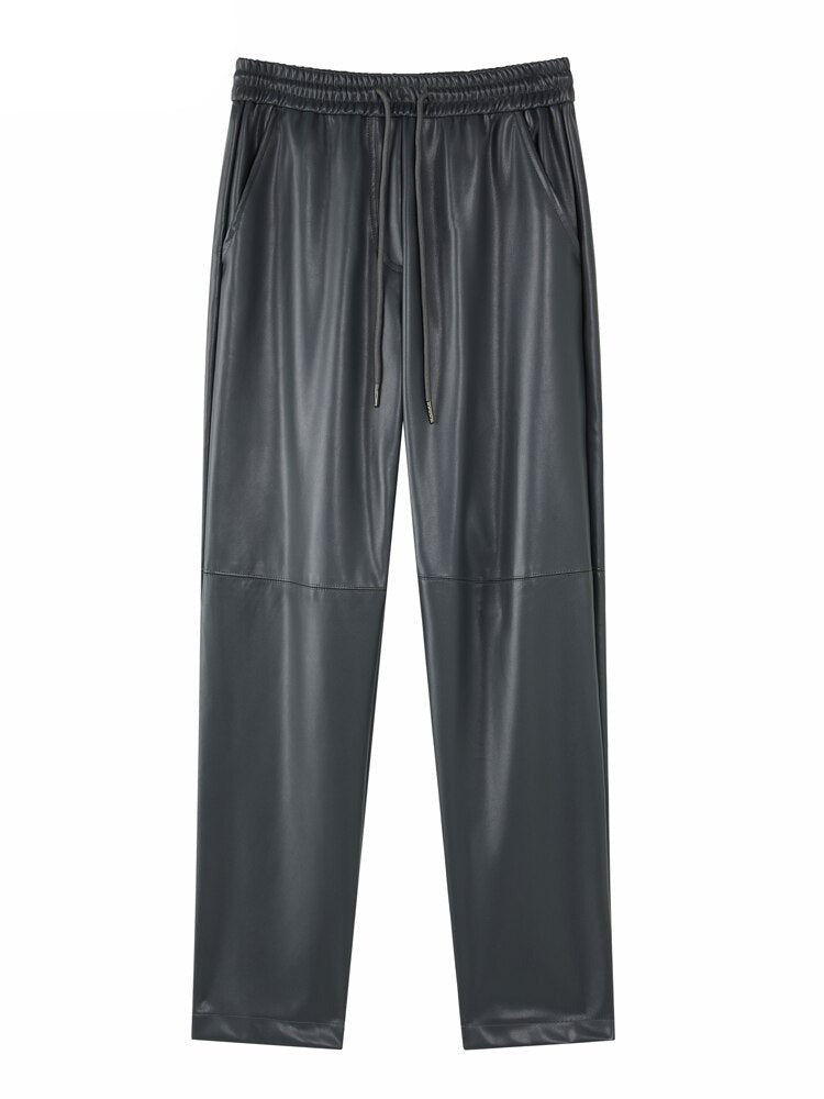 Pantaloni in pelle PU con coulisse Pantaloni da donna in ecopelle dritta con elastico in vita