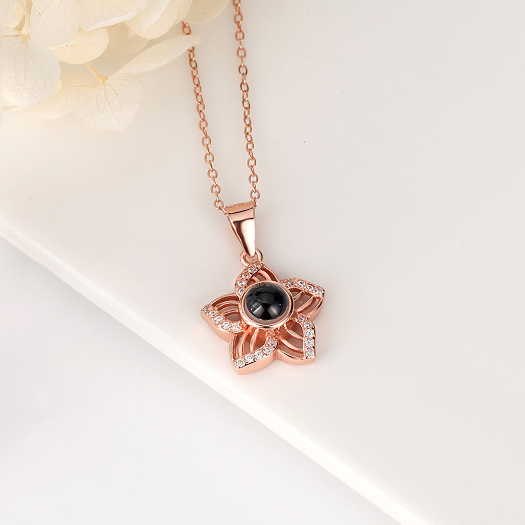 Customized Crystal Flower Photo Projection Pendant Necklace Personalized