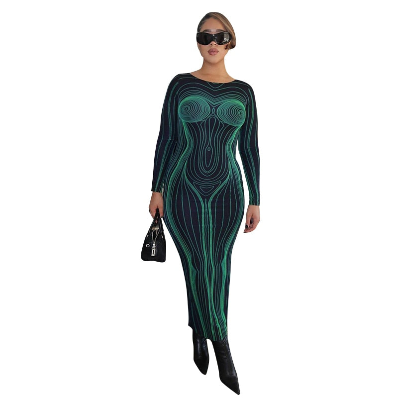 Striped Print Long Sleeve See Through Sexy Bodycon Maxi Dress