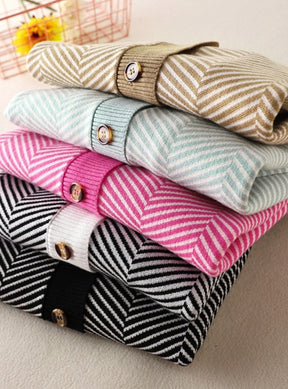 V-neck Striped Cardigans Sweaters Long Sleeve Loose Knitted Open Stitch Outwear