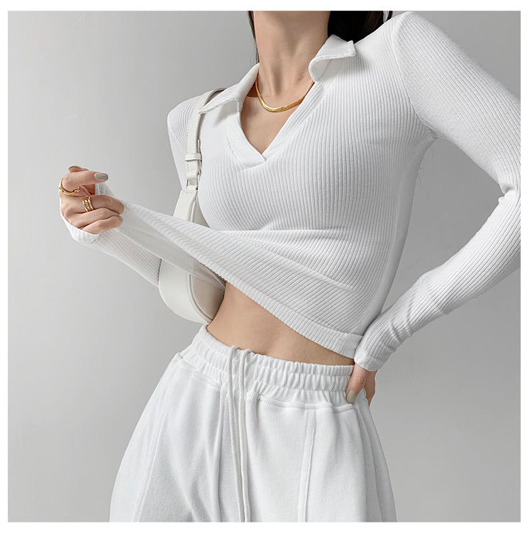 Sexy V-Neck Slim Fitness Women's T-Shirt Long Sleeve Polo Shirt Woman High Waist Cropped Tops