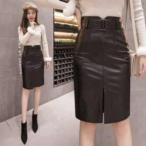 PU Leather Pencil Midi Skirts with Belt High Waist Split OL Elegant Sheath Wrap Skirts