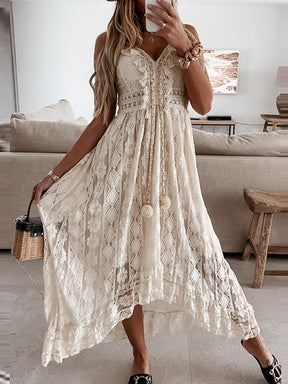 Women Dress Beach Style Elegant White Lace Spaghetti Srap Sundress Female Hollow Out Boho