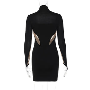 Long Sleeve Patchwork Mesh See Through Sexy Bodycon Mini Dress Evening Clothes