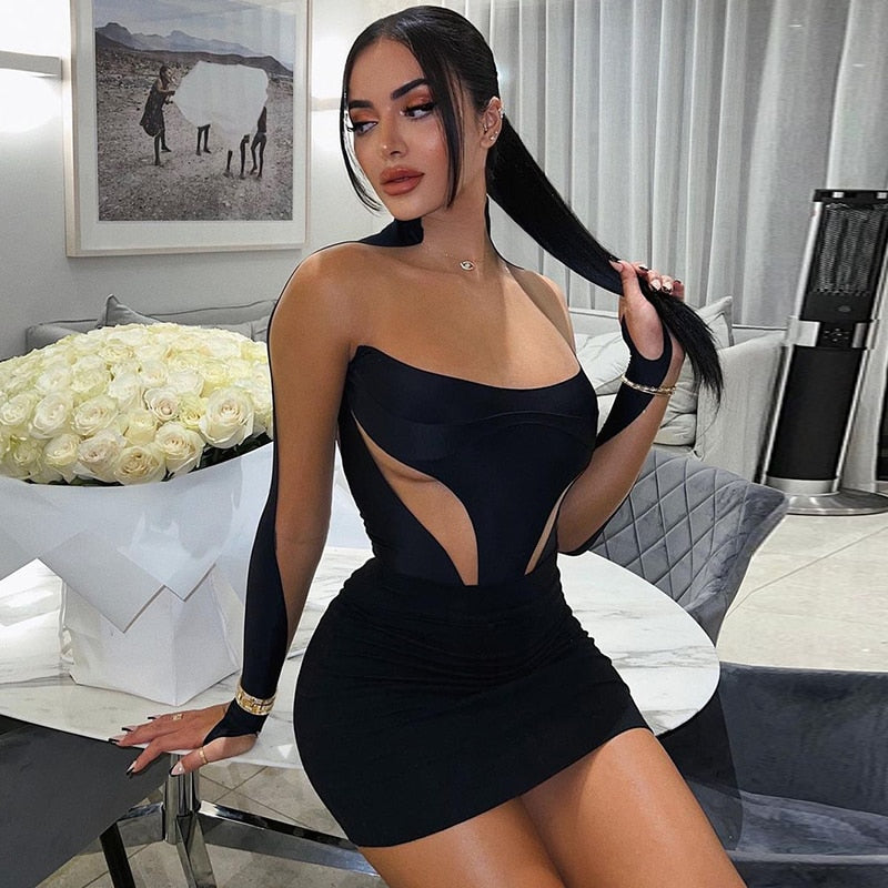 Long Sleeve Patchwork Mesh See Through Sexy Bodycon Mini Dress Evening Clothes