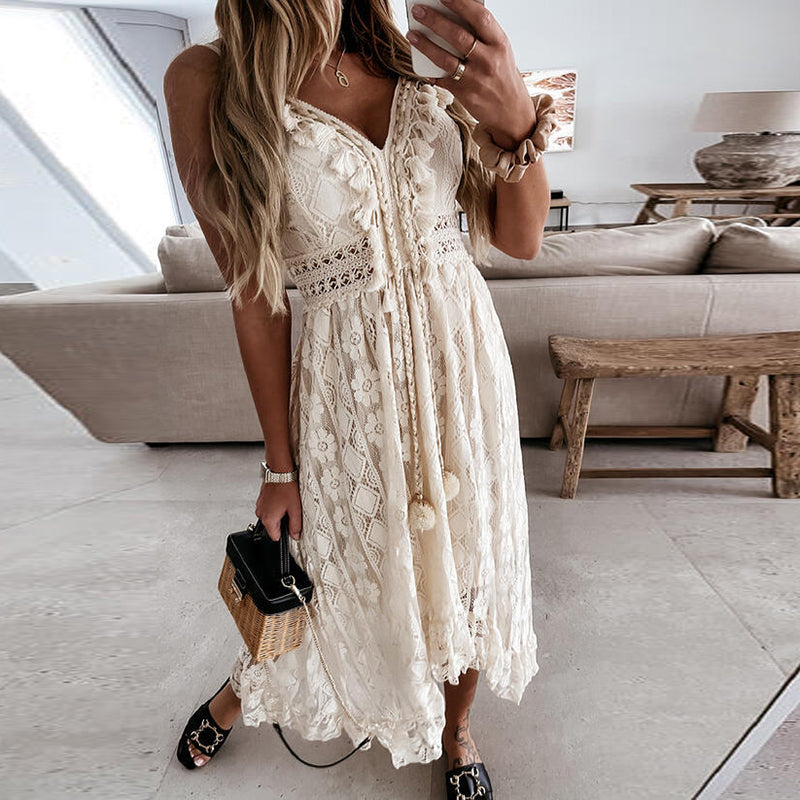 Women Dress Beach Style Elegant White Lace Spaghetti Srap Sundress Female Hollow Out Boho