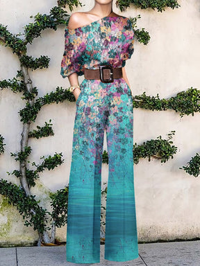 2022 Summer Pattern Print Jumpsuit Off Shoulder Romper Women  Wide Leg Pant Playsuit