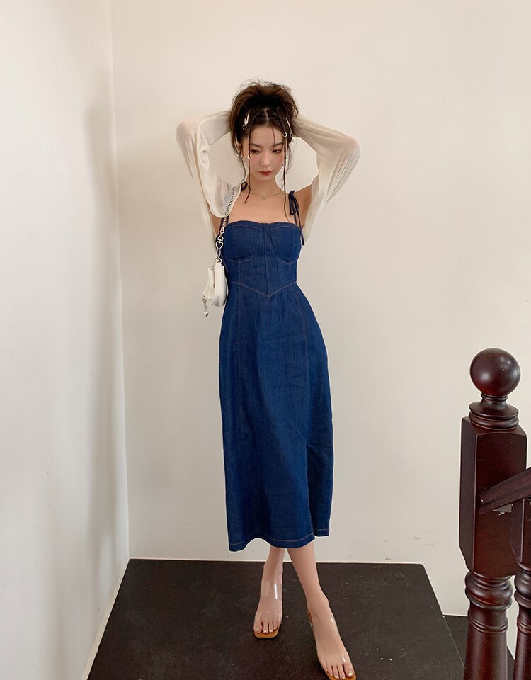 Sommer-Frauen-reizvolles Slip-Denim-Kleid Trägerloses Schnürkleid mit hoher Taille