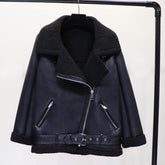 Faux Lamb Leather Jacket Pu Moto Zipper Jacket Warm Thick Outerwear