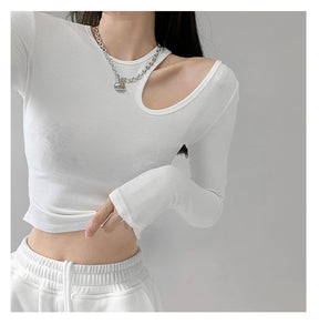 Hollow T-shirt Women Fashion Slim Y2K Cropped Tops Off Shoulder Long Sleeve Tees Woman