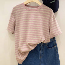 Casual O-neck Women Striped T-shirts  Spring Summer Short Sleeve Loose Female Tops