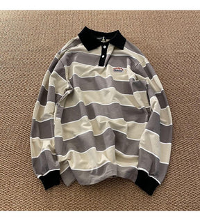 Striped POLO Shirt Men Women Casual Loose Couple BF Lapel Sweatshirts