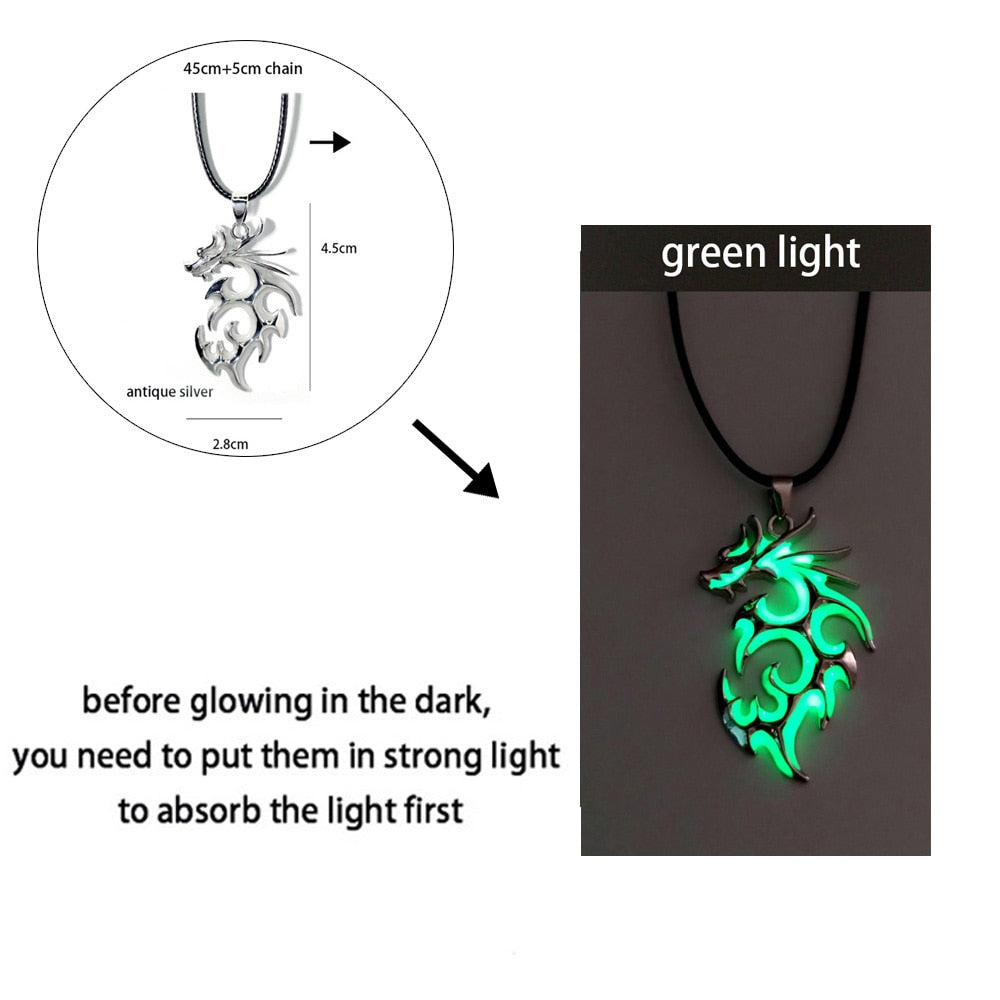 Collana drago luminoso Fluorescenza notturna incandescente Collana placcata argento che si illumina al buio