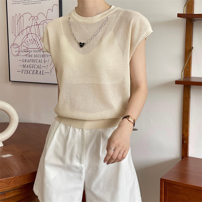 Hollow T-shirt Chain Women Summer New Solid Color Short Sleeve Knitted Tops Female 2022