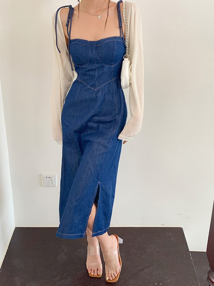 Sommer-Frauen-reizvolles Slip-Denim-Kleid Trägerloses Schnürkleid mit hoher Taille