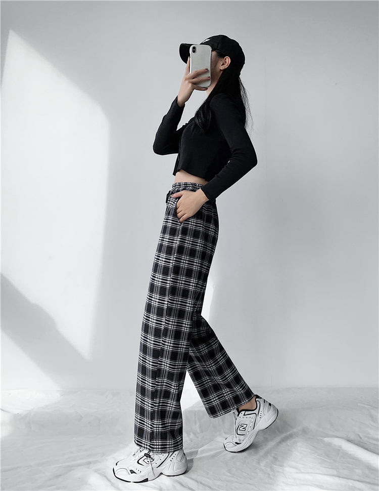 Plaid Pants Women High Waist Drawstring Loose Straight Baggy Pants 2022 Spring and Summer