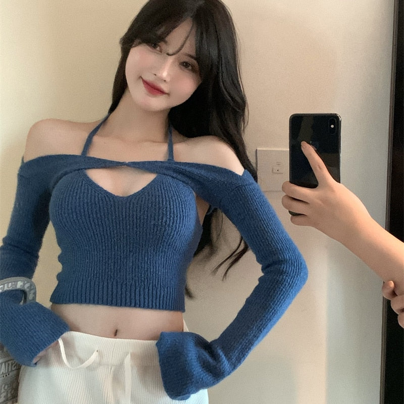 Off Shoulder Tops Women Skinny Slash Neck Halterneck Knitted Shirts y2k Summer 2022