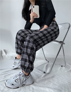 Plaid Pants Women High Waist Drawstring Loose Straight Baggy Pants 2022 Spring and Summer