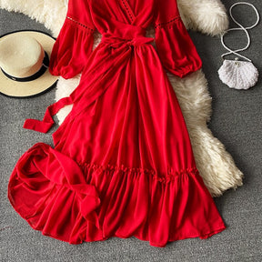 Beach Holiday Style Dress Women Elegant V-neck Lace-up High Waist Dress