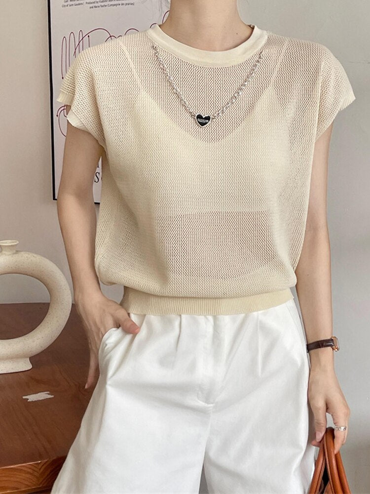 Hohle T-Shirt Kette Frauen Sommer neue einfarbige Kurzarm gestrickte Tops weiblich 2022