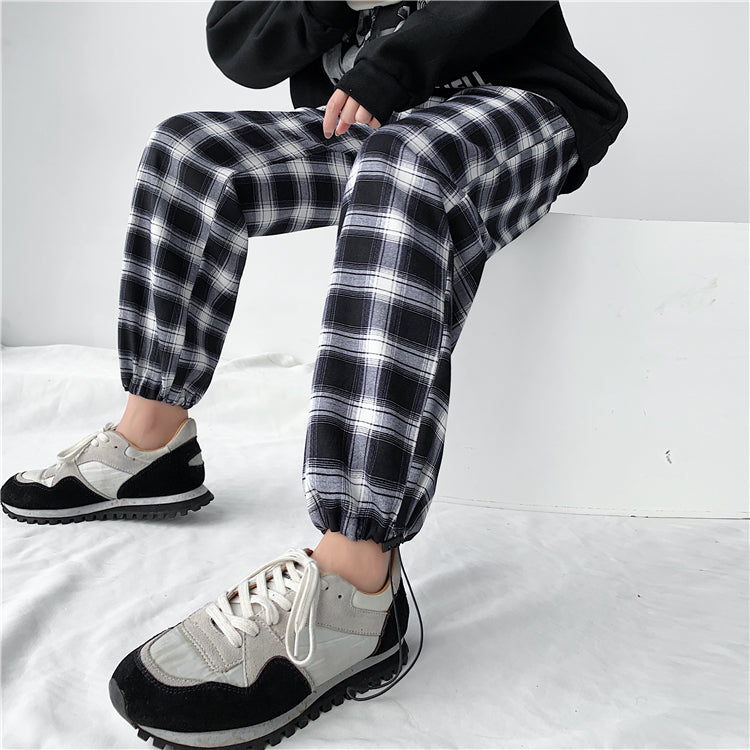 Plaid Pants Women High Waist Drawstring Loose Straight Baggy Pants 2022 Spring and Summer