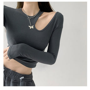 Hollow T-shirt Women Fashion Slim Y2K Cropped Tops Off Shoulder Long Sleeve Tees Woman