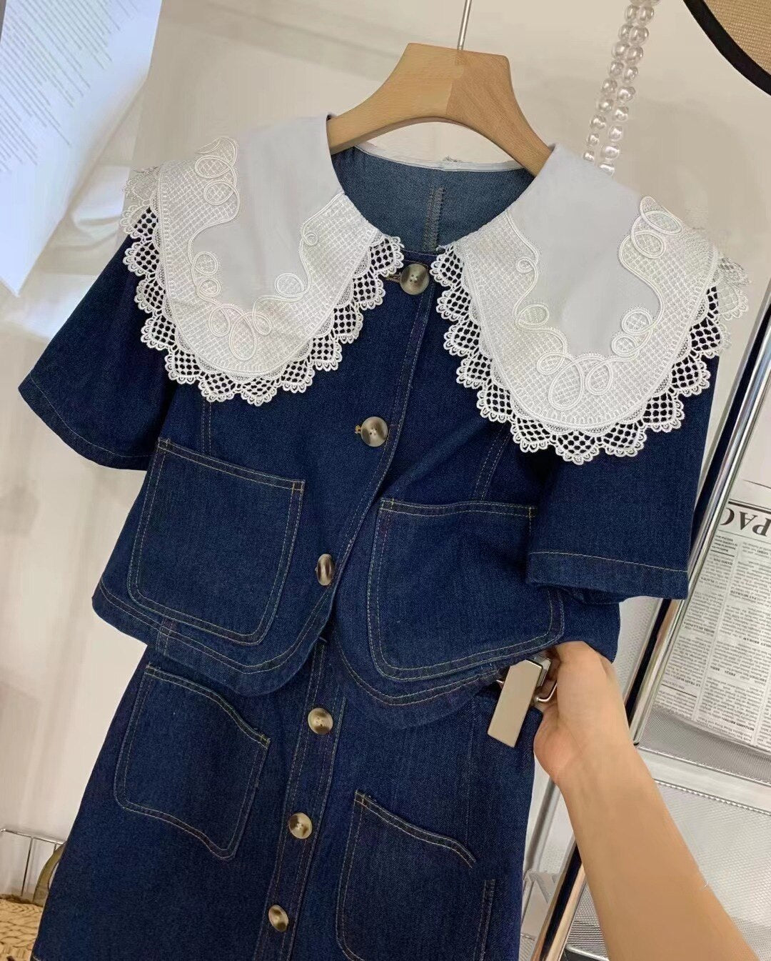 Abito estivo dolce in denim con colletto Peter Pan in pizzo Top monopetto + gonne a trapezio a vita alta