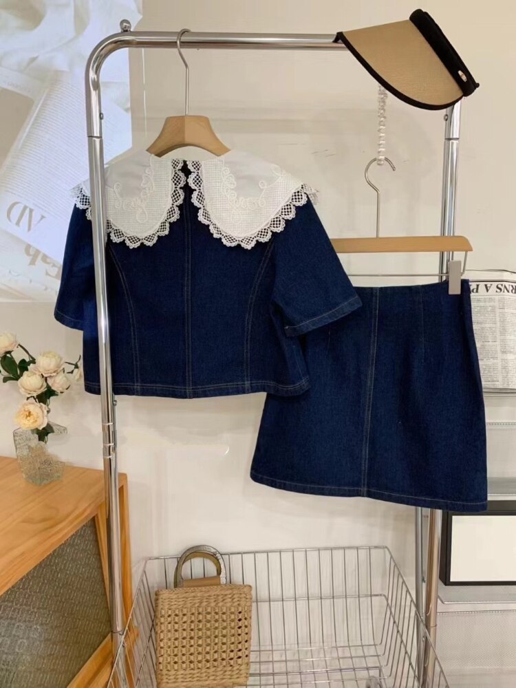 Abito estivo dolce in denim con colletto Peter Pan in pizzo Top monopetto + gonne a trapezio a vita alta