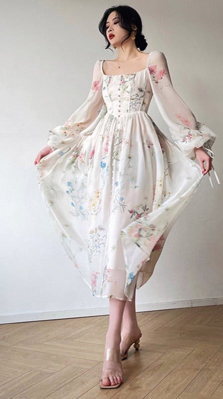 Floral Mid-Length Dress Elegant Slim Waist Female A-line Dress 2023 Spring