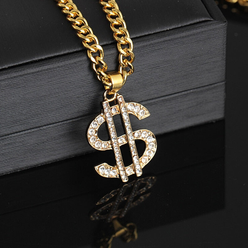 Hip Hop Rap Gold Color US Dollar Pendant Necklace Chain Accessories