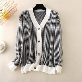 V-neck Striped Cardigans Sweaters Long Sleeve Loose Knitted Open Stitch Outwear