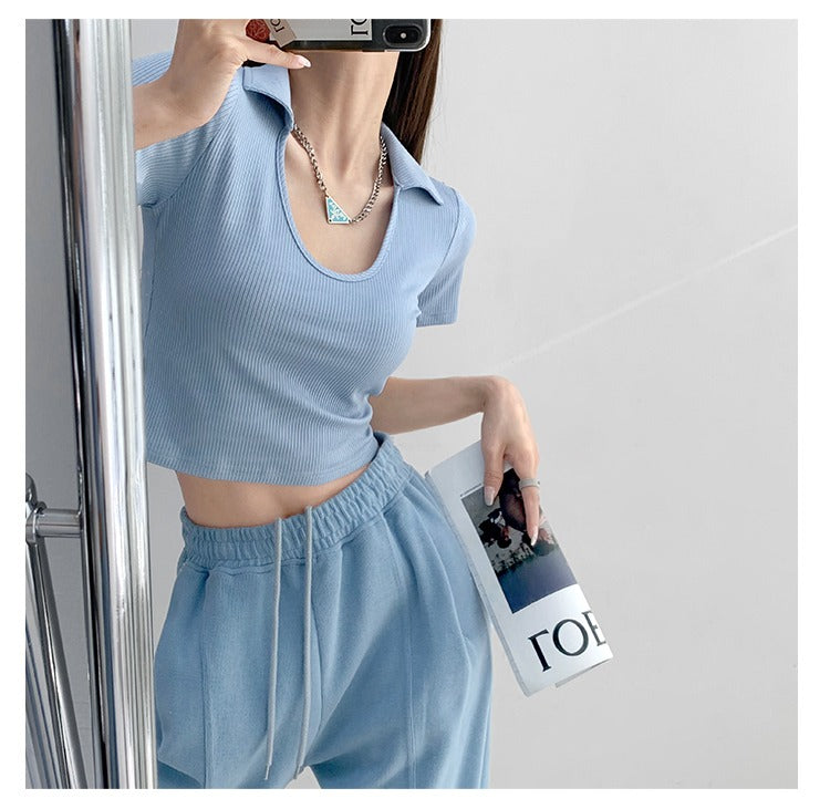 Y2K Tops Women U-shaped Lapel Short Sleeve Tees Summer High Waist Thread Crop Top