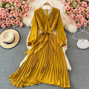 Slim Dress Elegant A Line V Neck Puff Sleeve Chiffon Pullover Mid-Calf Dresses