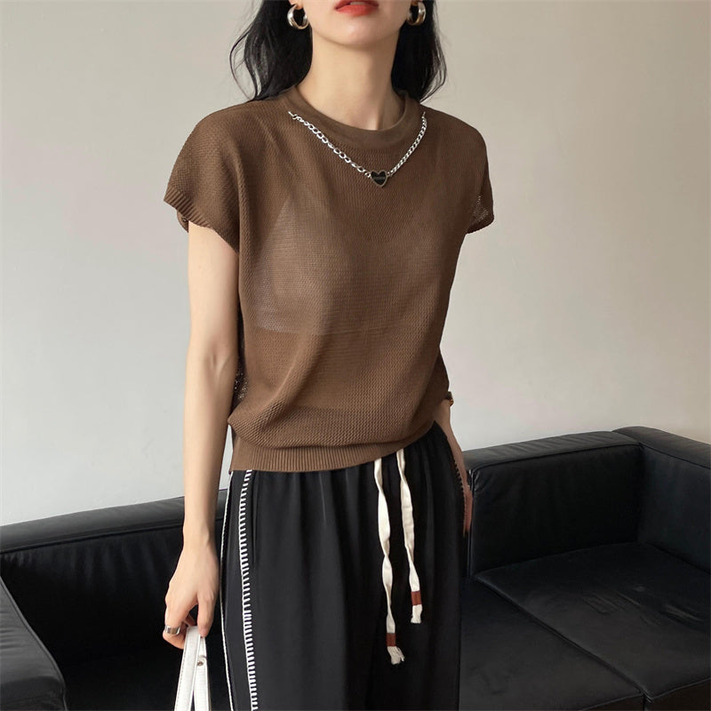 Hollow T-shirt Chain Women Summer New Solid Color Short Sleeve Knitted Tops Female 2022