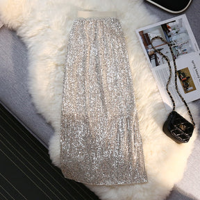 Sequin Long Skirt Women Summer High Waist Elastic Wraps Skirts Female Fashion Elegant