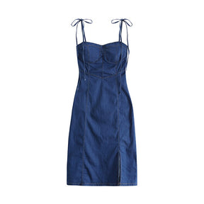 Summer Women Sexy Slip Denim Dress Strapless Lace-up High Waist Dress