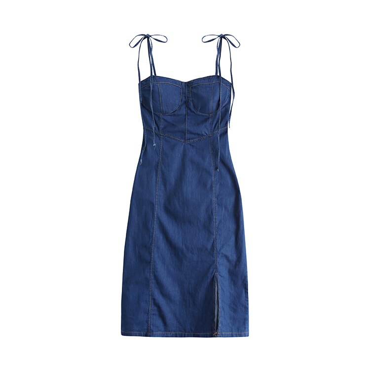 Summer Women Sexy Slip Denim Dress Strapless Lace-up High Waist Dress