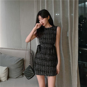 Women Tweed Dress Sleeveless Lace-up Bow O-Neck Plaid Classic Short Dress