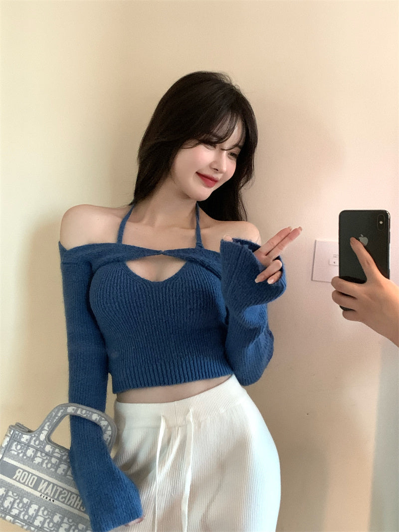 Off Shoulder Tops Women Skinny Slash Neck Halterneck Knitted Shirts y2k Summer 2022