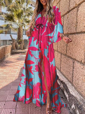 Bikini Cover Ups Print Maxi Dress for Women Summer Bohemian Beach Sexy Floral Tunic Long Dress