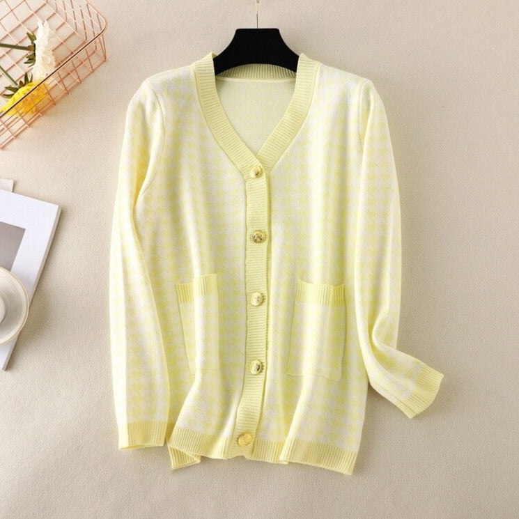 V-neck Striped Cardigans Sweaters Long Sleeve Loose Knitted Open Stitch Outwear