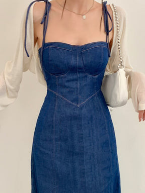 Summer Women Sexy Slip Denim Dress Strapless Lace-up High Waist Dress