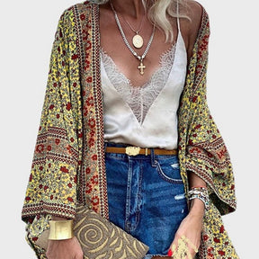 Cardigan Damen Bohemian Floral bedruckte Bluse Vorne offen Lose Strand Tops Vintage Langarm