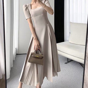 Vintage Square Collar Mid-Length Dress Elegant Short Sleeve Slim Waist Mesh