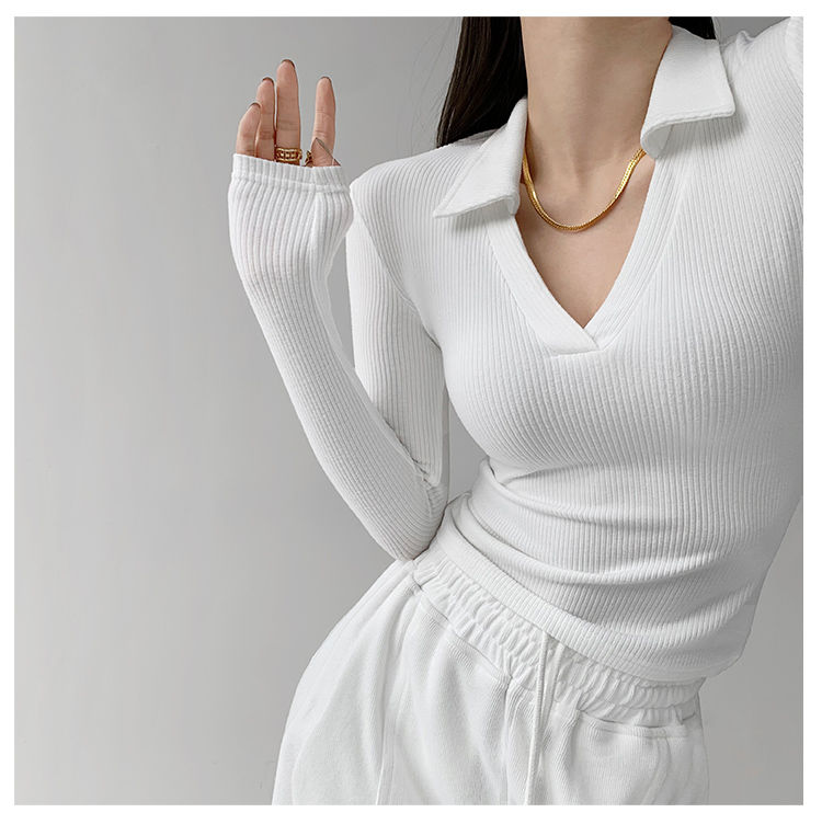 Maglietta da donna sexy con scollo a V Slim Fitness Polo a maniche lunghe da donna Top corto a vita alta