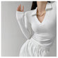 Maglietta da donna sexy con scollo a V Slim Fitness Polo a maniche lunghe da donna Top corto a vita alta
