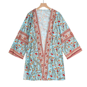 Cardigan Women Bohemian Floral Printed Blouse Open Front Loose Beach Tops Vintage Long Sleeve