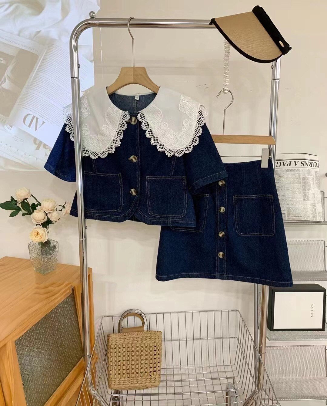 Abito estivo dolce in denim con colletto Peter Pan in pizzo Top monopetto + gonne a trapezio a vita alta